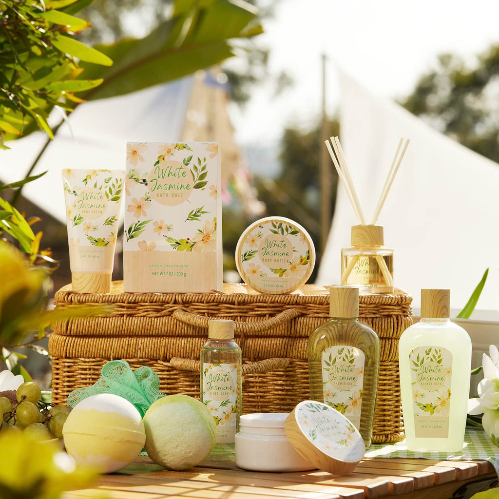 Gifts Basket for Women, 12Pcs Jasmine Home Spa Gift Kits, Relaxing Self Care Gifts Set, Graduation Birthday Anniversary Best Friends Wedding Gift Baskets for Her