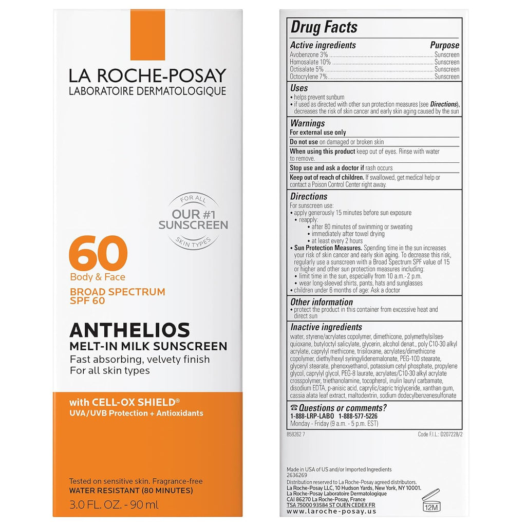 La Roche-Posay Anthelios Melt-In Milk Sunscreen SPF 60, Sunscreen for Body & Face, Broad Spectrum SPF + Antioxidants, Oil Free, Lightweight & Fast Absorbing, Oxybenzone Free