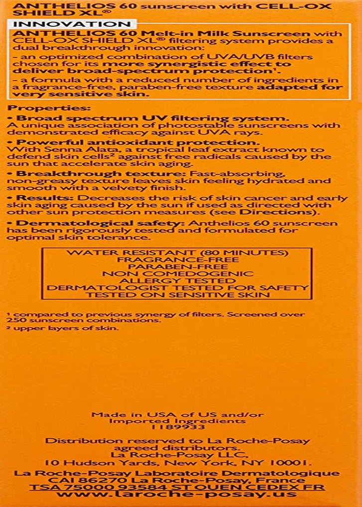 La Roche-Posay Anthelios Melt-In Milk Sunscreen SPF 60, Sunscreen for Body & Face, Broad Spectrum SPF + Antioxidants, Oil Free, Lightweight & Fast Absorbing, Oxybenzone Free