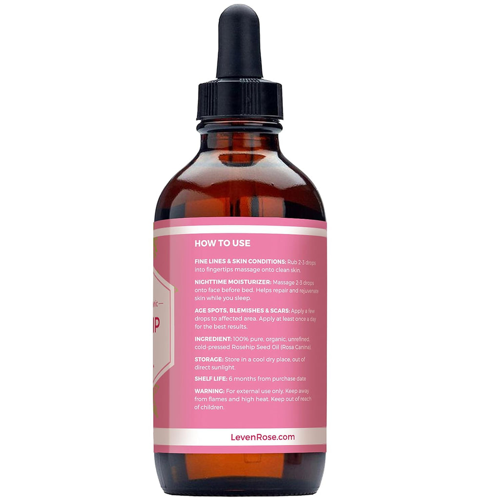 Pure Rosehip Oil for Face Organic Cold Pressed 4 Oz - Rose Hip Seed Oil, Unrefined for Nighttime Face Moisturizer for Hair, Skin & Nails