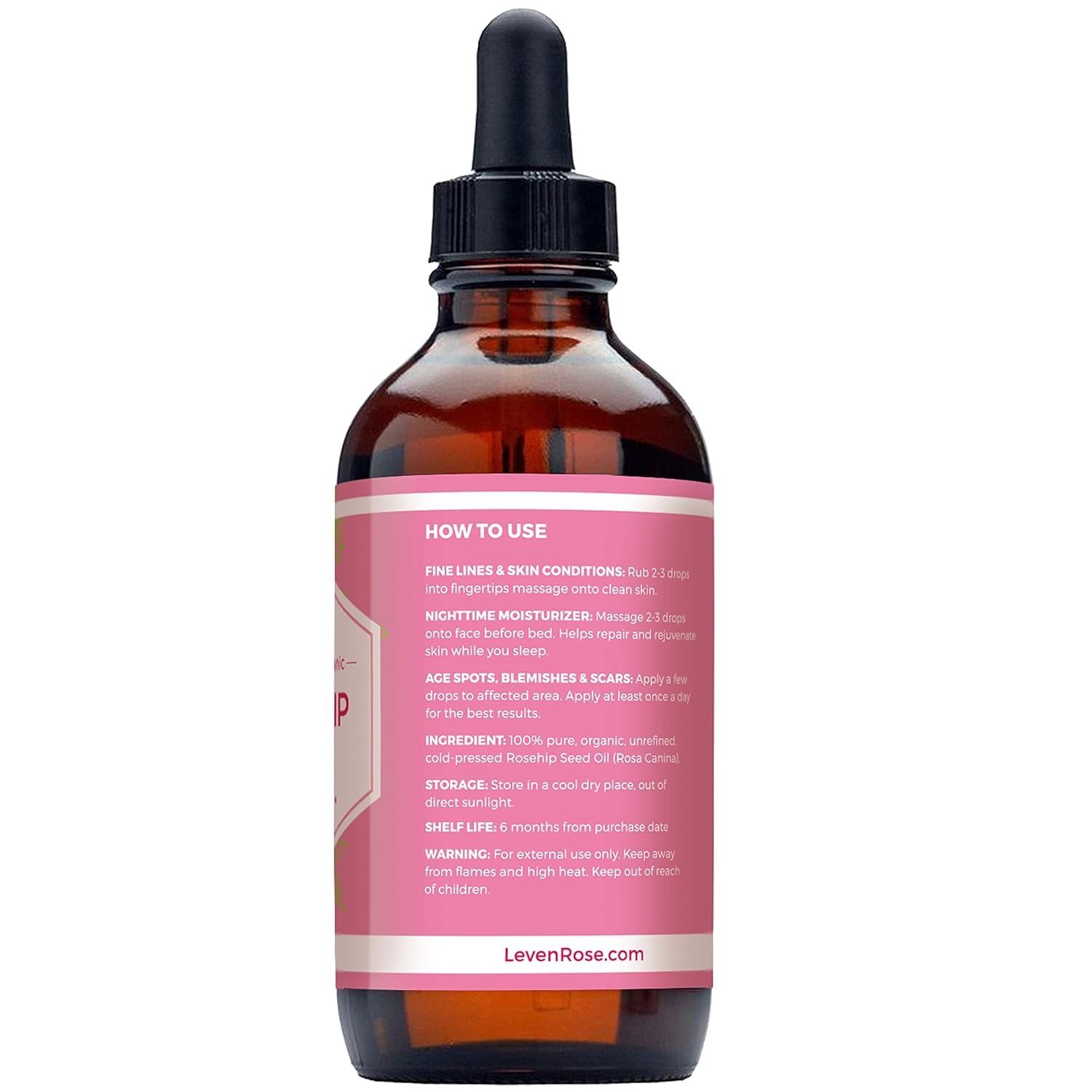 Pure Rosehip Oil for Face Organic Cold Pressed 4 Oz - Rose Hip Seed Oil, Unrefined for Nighttime Face Moisturizer for Hair, Skin & Nails