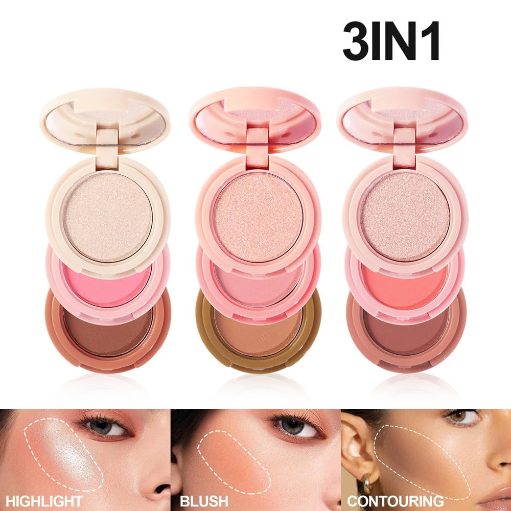 Blush and Highlighter Palette,3 in 1 Contour Palette,Cruelty-Free Matte Bronzer Powder,Women'S Brightening Pearlescent Highlighter，Eyeshadow Powder Makeup Set (03#)