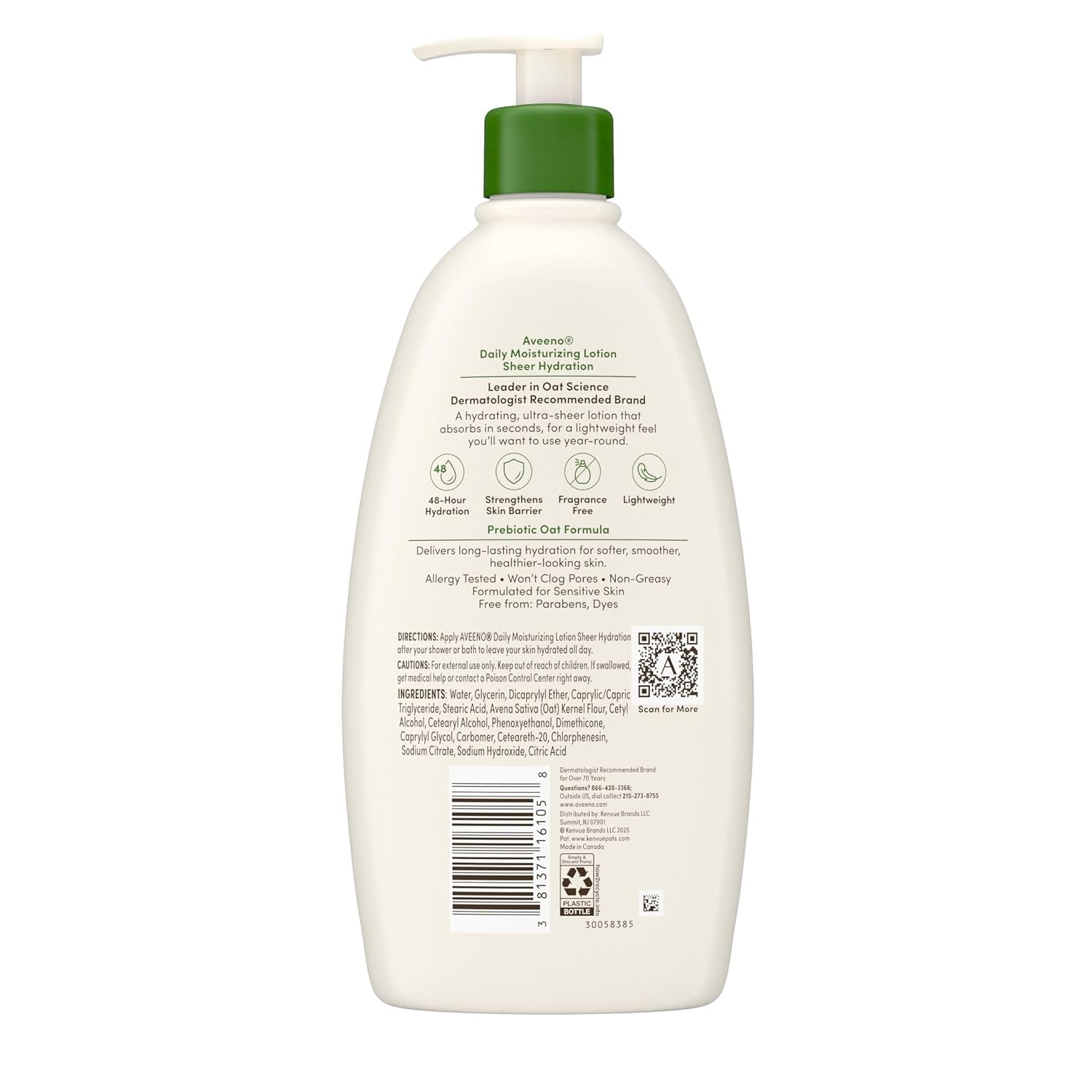 Sheer Hydration Fragrance-Free Daily Moisturizing Lotion with Prebiotic Oat for Dry Skin, Lightweight, Fast-Absorbing Body Moisturizer Nourishes Skin with 48-Hour Moisture, 18 Fl. Oz