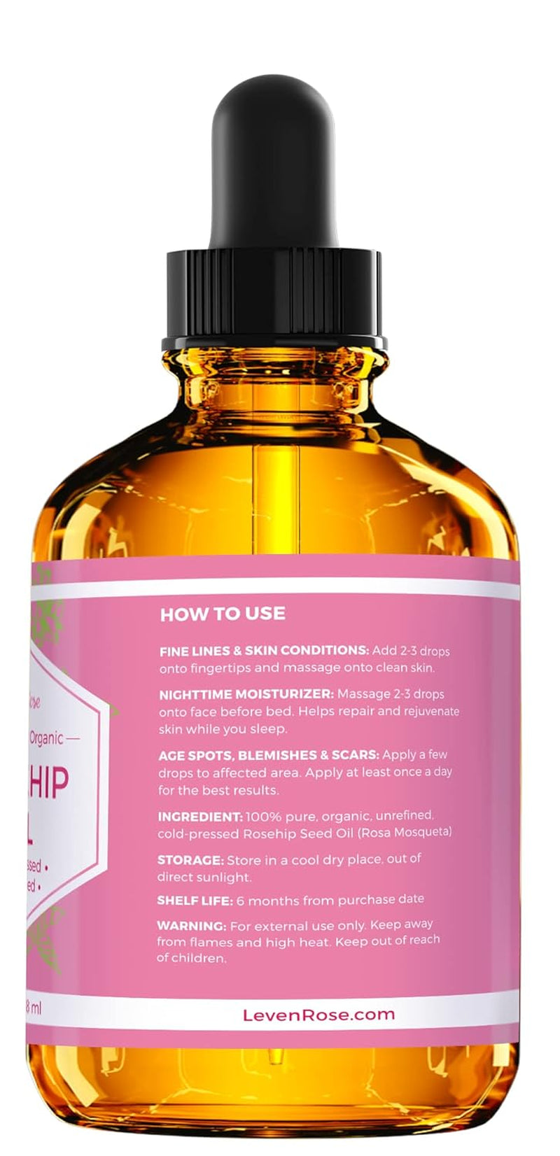 Pure Rosehip Oil for Face Organic Cold Pressed 4 Oz - Rose Hip Seed Oil, Unrefined for Nighttime Face Moisturizer for Hair, Skin & Nails