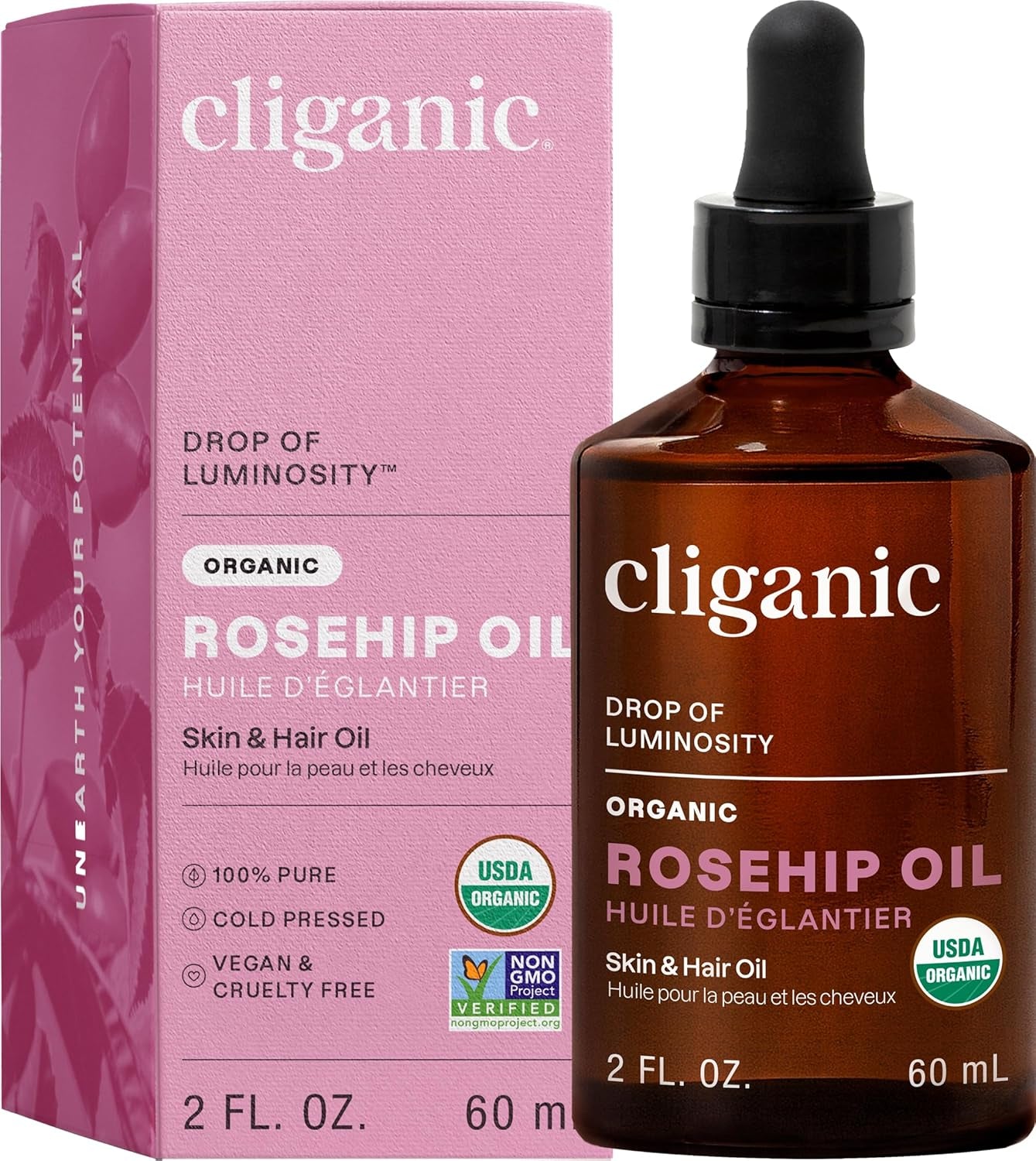 Organic Rosehip Seed Oil for Face, 100% Pure | Natural Cold Pressed Unrefined Non-Gmo | Carrier Oil for Skin, Hair & Nails (Packaging May Vary)